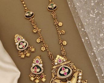 Gold Plated Indian Long Jewelry Set: Wedding Choker Necklace With Earrings
