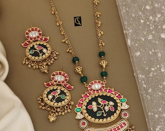 Green Stones Gold-Plated Indian Jewelry Set: Wedding Necklace & Earrings