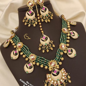 Bollywood Jewelry/ Indian Jewelry/Kundan necklace/polki necklace/layer necklace/Bridal Indian Jewelry/pearl and pink Indian set/ranihaar
