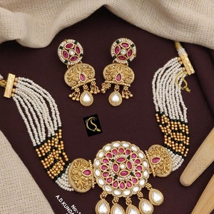 Indian Choker Necklace and Earrings Set, High Gold Choker Set For Women Wedding Gift Designs_6