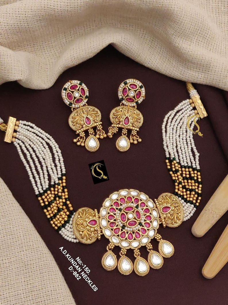 Indian Choker Necklace and Earrings Set, High Gold Choker Set For Women Wedding Gift Designs_6