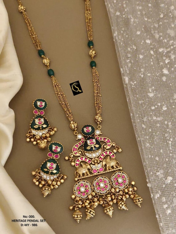 Kundan Necklace Set: Indian Long Jewelry, Green Stones - Etsy