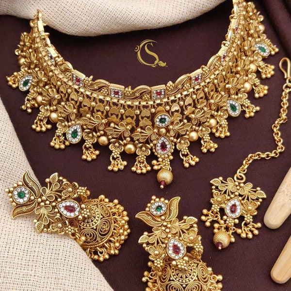 Gold Choker Necklace Sets / South Indian Jewelry/Punjabi Choker/ Temple Necklace /Antique Wedding choker Necklace/Indian Wedding Jewelry