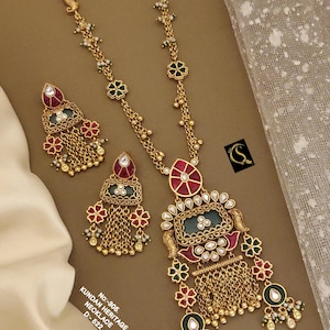 Kundan long Necklace Set/ Indian kundan Jewellery/Muslim Long Necklace Set/Earrings/Pakistani Jewelry/Bridal Jewelry