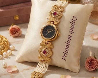 Black Dial Kundan Bridal Watch Bracelet, Indian Wedding Gold Statement Wristwatch