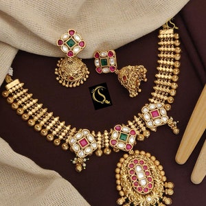 Indian Choker Necklace and Earrings Set, High Gold Choker Set For Women Wedding Gift Design_3