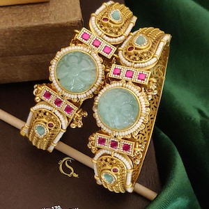 Kundan Jadau Kada Bangle Bracelet for Wedding Girl/ Broad Kada/Broad Bangles/Pachi Kundan Adjustable kada Bangle