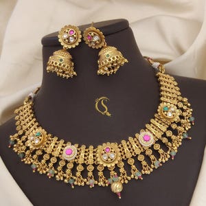 Handmade Kundan Jewelry Sets Elegant Lotus Motif Choker Necklace Pachi Kundan Jewelry-Polki Necklace-Gold Plated Bollywood Jewelry/ Gifts