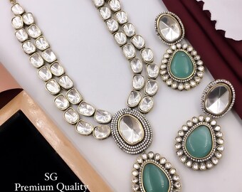 Sabyasachi Inspired Premium Victorian Three Layered Uncut Faux Moissanite Polki Kundan Emerald Green Doublet Diamond Long Necklace Earrings