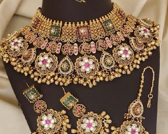 Set di collana girocollo da sposa con orecchini / Gioielli da sposa indiani / Collana tradizionale fatta a mano