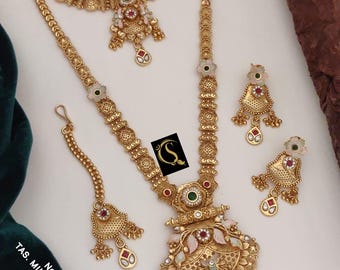Antique Gold-Plated Indian Jewelry Set: Necklace & Earrings