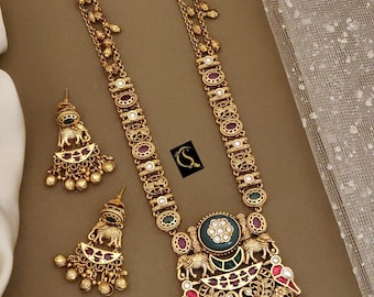 Set di gioielli indiani con collana girocollo placcata in oro antico e orecchini pendenti