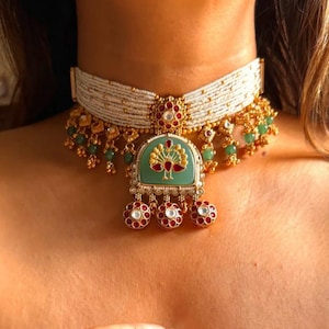 Mint Inlay Peacock & Rani Pink Rajwada Sets Kundan Necklace Set Victorian Necklace, Indian Jewelry, Indian Kundan Necklace