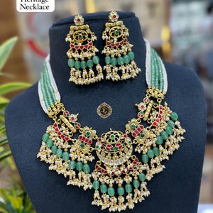 Kundan Gold Plated Indian Jewelry Set, Indian Choker, Pearl Necklace, Guttapusalu Necklace, Earrings, Temple Jewelry, South Indian Jewelry