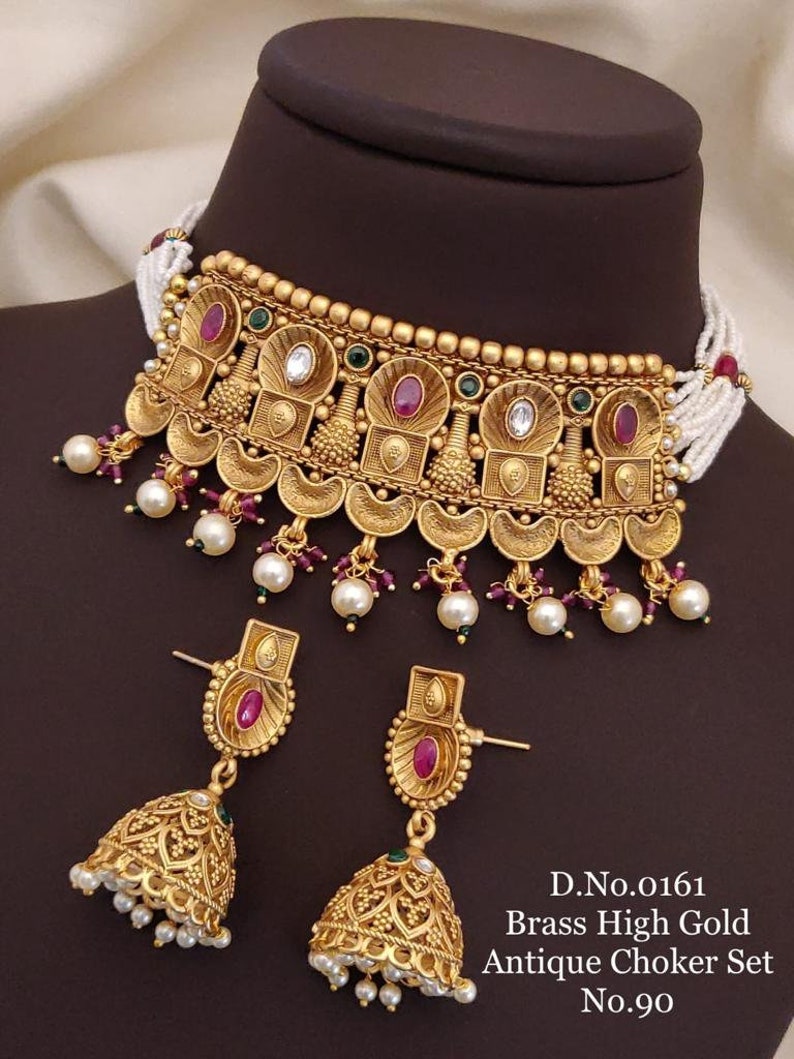 Indian Choker Necklace and Earrings Set, High Gold Choker Set for Women Wedding Gift Etsy