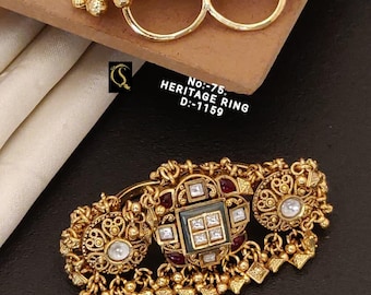 Antique Gold Heritage Ring Set, Traditional Indian Jewelry, Temple Style Statement Ring, Ethnic Bridal