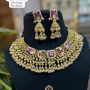 Antique Gold Plated Choker Necklace & Earring Indian Jewelry Set | South Indian Temple Jewelry | Gift For Her/Wedding Jewelry/Pakistani Set