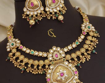 Emerald Green CZ Stone Necklace & Earrings: Indian Wedding Jewelry