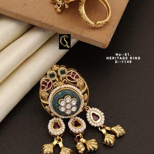 Indian Heritage Statement Ring, Gold Plated Green Jade & Ruby, Temple Style Cocktail Ring