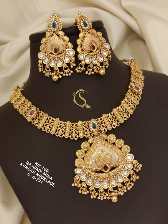 Gold-plated Choker Necklace Jhumka Earrings: South Indian Temple