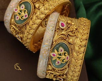 Gold Plated Kundan Bangles: Indian Bridal Jewelry Set, Broad Patla Sets