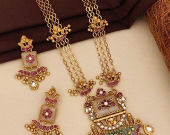 Set di gioielli indiani placcati in oro: collana Kundan e orecchini Jhumka