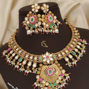 Indian Gold Necklace, Earrings Combo Set | Indian Choker Jewelry | Bridal Wedding Fashion Jewellery Stack Set South