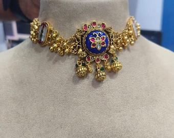 Kundan Jhalar Choker Set: Indian Bridal Jewelry with Green Enamel