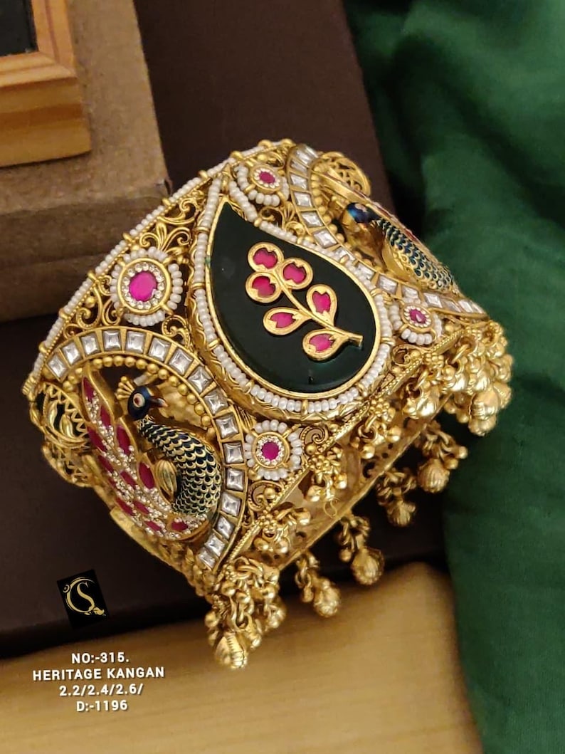 Handcrafted gold plated Bangle Matte Antique Rajwadi Kada - Adjustable Indian Bracelet Indian Bridal Jewelry image 3