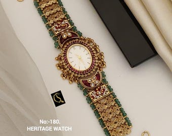 Vintage Gold Heritage Watch Bracelet | Traditional Indian Jewelry | Ethnic Bridal Wrist with Green Beads