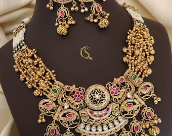 Kundan Brautschmuck Set: Rajwadi indische Halskette mit Ohrringen
