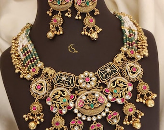 Indian Heritage Jewelry Set: Gold Plated Wedding Necklace & Earrings
