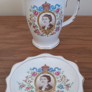 Royal Albert Queen Elizabeth II 1953 Coronation  tall china mug + china pin dish, vintage souvenir
