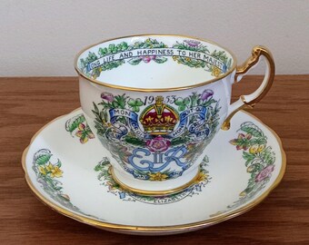 Taza de té y platillo de porcelana fina Hammersley Queen Elizabeth II Coronation 1953, con motivo "EIIR"