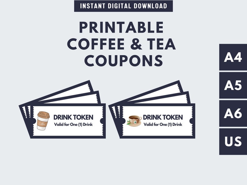 Printable Coffee &amp; Tea Tokens | Beverage Coupons | PDF Downloads | 4 ...
