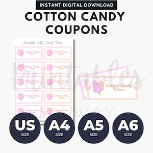 Cupones imprimibles de algodón de azúcar / Cupones para fiestas de cumpleaños / Cupones de algodón de azúcar gratis / Cupones para bodas / Cupones para fiestas