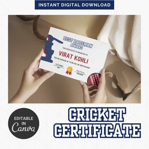 Cricket Certificate | Editable Cricket Certificate Template | Printable Cricket Award | Hand Sign | Cricket Players & Cricket Teams