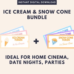 Cupones de helado Paquete de cupones de cono de nieve, fichas de cono de nieve, cupones de helado, cupones imprimibles, tarjeta de regalo de helado
