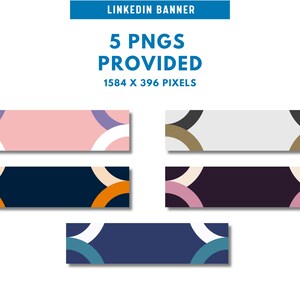 Pode incluir: Cinco designs de banners diferentes com padrões geométricos em várias cores. Os banners são de 1584 x 396 pixels. Os designs apresentam círculos e semicírculos em rosa, branco, cinza, dourado, azul escuro, laranja, roxo e turquesa.