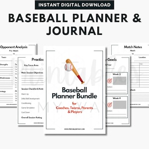 Puede incluir: Un paquete de planificador y diario de béisbol imprimible para entrenadores, equipos, padres y jugadores. La portada presenta un bate de béisbol y una pelota con el texto "Baseball Planner Bundle".