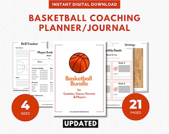 Op de afbeelding: Een printbare basketball coachplanner en journalbundel met 21 pagina's. De omslag heeft een basketball met een oranje en zwart ontwerp. De tekst "Basketball Bundle for Coaches, Teams, Parents & Players" staat ook op de omslag.