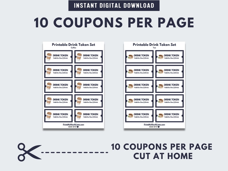 Printable Coffee & Tea Tokens Beverage Coupons PDF Downloads 4 Sizes A4