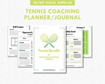 May include: A printable tennis coaching planner and journal bundle for coaches, teams, and players. The bundle includes a drill tracker, opponent analysis sheet, monthly goals sheet, and a strategy sheet with a tennis court graphic. The bundle is designed to help players improve their game.