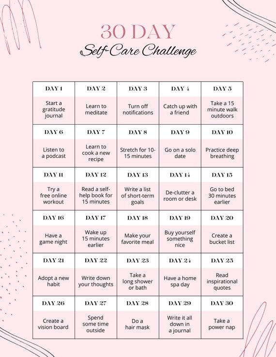 30 Day Self Care Challenge Digital Download, Instant Download, Printable Activity, Self-Care Calendar