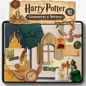 May include: A digital collection of 61 Harry Potter themed PNG stickers for Goodnotes and Noteful, featuring illustrations of a castle, a green envelope with a wax seal, a golden snitch, a clock with wings, a train ticket, and a green potion bottle.