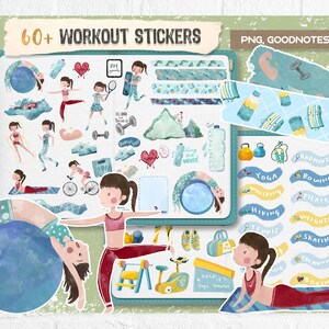Könnte beinhalten: Über 60 bunte Workout-Sticker mit Illustrationen von Personen beim Sport, Yoga-Posen, Gewichten und verschiedenen Sportarten. Die Sticker sind für die Verwendung mit Goodnotes und anderen digitalen Notiz-Apps konzipiert.