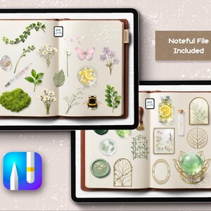 May include: Two digital notebooks displayed on tablets, showcasing a collection of digital stickers and elements. The stickers include floral designs, a butterfly, a bee, and a jar of lemons. The text "Noteful File Included" is also visible.
