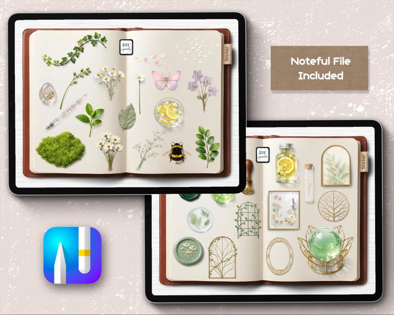 May include: Two digital notebooks displayed on tablets, showcasing a collection of digital stickers and elements. The stickers include floral designs, a butterfly, a bee, and a jar of lemons. The text "Noteful File Included" is also visible.