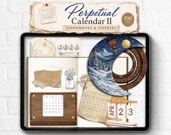 Calendario perpetuo II: pegatinas digitales realistas: Calendario 2026-2027 sin fecha PNG y calendario Goodnotes Noteful