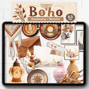 May include: A digital collection of 63 PNG elements featuring a macrame wall hanging, a coffee cup, a brown envelope, a candle, a portrait illustration, a vase, a lamp, and floral graphics with the text Boho Goodnotes / Noteful at the top.